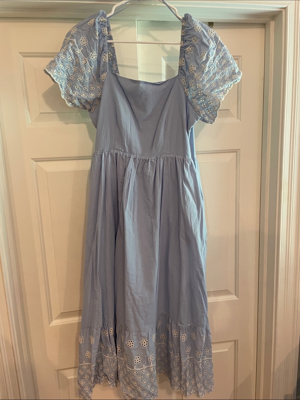 Light Blue Eyelet Puff Sleeve Women’s Dress